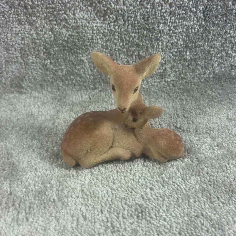 Flocked Mother Deer and Fawn Woodland Animal Statue Small Figurine Tan
